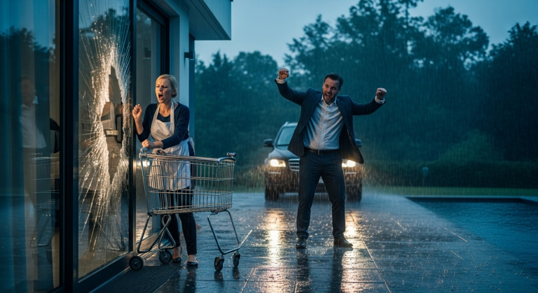 Ich stand zitternd im strömenden Regen, aus unserer Villa ausgesperrt, während mein Mann mit unserem jungen Dienstmädchen schlief. Verzweifelt warf ich einen Stein durch die Glastür. Er stürmte wütend heraus, doch sein triumphierendes Grinsen gefror, als er sah, wer aus dem schwarzen Wagen hinter mir stieg.