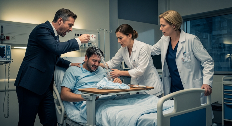 Im VIP-Krankenzimmer schüttete der reiche CEO meinem verlobten Krankenpfleger kochenden Tee ins Gesicht. “Fass mich nicht an, du ekelhafte Schwuchtel!”, zischte er mit hasserfülltem Blick. Ich rannte weinend zu ihm, doch dann betrat der Chefarzt den Raum – und enthüllte ein Geheimnis, das den Milliardär sofort in die Knie zwang.