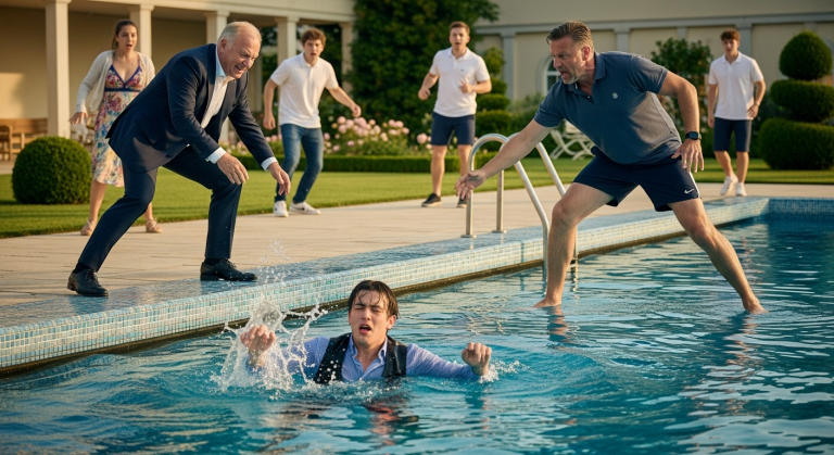 Am Schwimmbecken der Elite-Schule stieß der arrogante Vater eines Mitschülers meinen Freund ins tiefe Wasser. “Schwule können sicher schwimmen!”, lachte der Milliardär bösartig, während mein Partner panisch um Luft rang. Ich wollte springen, doch der gefürchtete Schwimmtrainer der Schule packte den Kragen des Milliardärs mit eiserner Faust.