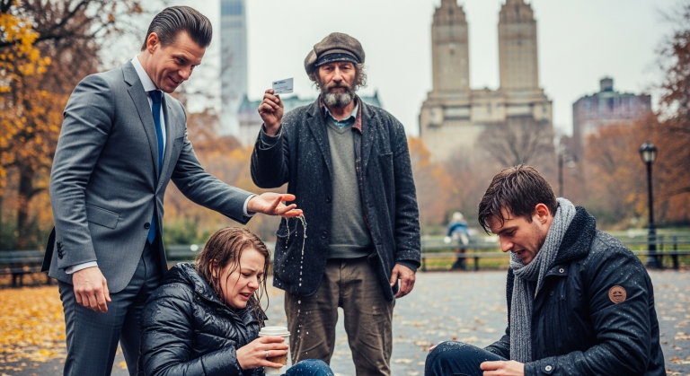 Mitten im Central Park riss der herzlose Tech-Milliardär meiner Freundin die Decke weg. “Geht woanders kuscheln, ihr ekligen Freaks!”, brüllte er und übergoß uns mit seinem eisigen Drink. Wir zitterten vor Kälte und Scham. Plötzlich trat ein vermeintlich obdachloser Mann aus dem Regen, zog seine Kapuze zurück und lächelte gefährlich.
