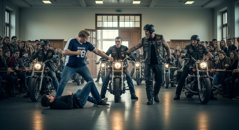 Er trat den Jungen vor der gesamten Schule und nannte ihn einen Freak. Plötzlich bebte das Schulgebäude. Eine Biker-Gang fuhr direkt in die Aula. Der Anführer stieg ab, legte dem Jungen eine Lederweste um und sah den Mobber an. Was er ihm dann als „Geschenk“ überreichte, ließ den Jungen vor Angst fast ohnmächtig werden.