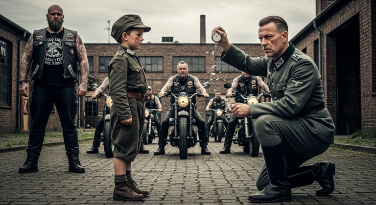 Der herrische Hauptmann riss dem kleinen Jungen den alten Militärkompass seines Vaters aus der Hand und zerschmetterte ihn gnadenlos an der Ziegelwand. “Dein Vater war ein Feigling!”, spuckte er. Die Tränen des Jungen trockneten sofort, als das Dröhnen hunderter Motoren das Lager erschütterte und der General der Biker-Veteranen hervortrat.