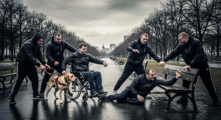 Die skrupellosen Schläger hielten den Mann im Rollstuhl im Park für eine leichte Beute und traten seinen treuen Blindenhund weg. Doch das Karma bestrafte sie gnadenlos – und die wahre Identität des Angreifers wird Ihnen einen Schauer über den Rücken jagen!