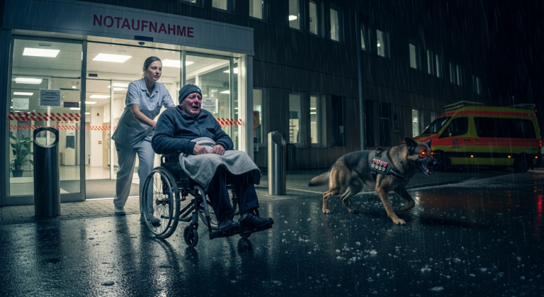 Verschwinden Sie, alter Mann!“, kreischte die herrische Krankenschwester, stieß den Rollstuhl des weinenden Veteranen rücksichtslos in den eisigen Regen vor der Notaufnahme und verriegelte die Tür. Doch aus den Schatten trat ein massiver Deutscher Schäferhund, der seine Zähne fletschte. Die Rache, die folgte, erschütterte das ganze Krankenhaus.
