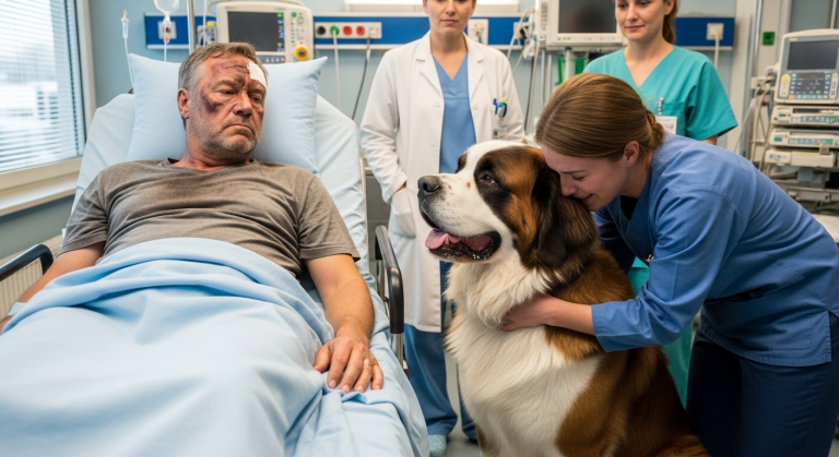 Dieser herzlose Nachbar hatte immer gefordert, dass der riesige Bernhardiner eingeschläfert wird. Doch als ein Feuer ausbrach und der Mann mit schweren Verbrennungen in der Notaufnahme lag, war es genau dieser massive Hund, der durch die Flammen gebrochen war, um ihn zu retten. Sein Besitzer stand vor einer unmöglichen Entscheidung.