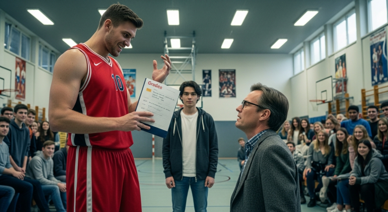Mit voller Wucht warf der muskulöse Sportkapitän den schweren Basketball absichtlich in den Bauch der zierlichen Kunstlehrerin, sodass sie keuchend zu Boden ging. “Räum das auf, Schlampe!”, lachte er herablassend. Doch das Lächeln gefror ihm, als der stumme Austauschschüler langsam seine Jacke auszog und vortrat.