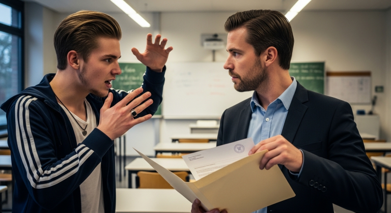 Mit einem brutalen Tritt beförderte der Sohn des Bürgermeisters den Stuhl des jungen Vertretungslehrers durch den Raum, baute sich vor ihm auf und schrie: “Ich kann dich sofort feuern lassen!” Der Lehrer schwieg, ballte die Fäuste, aber was er dann aus seiner Akte holte, schockierte alle.