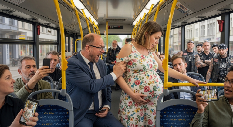 Ich dachte, jemand würde mir einen Sitzplatz anbieten, doch der wütende Mann stieß mich grob zur Seite, zerriss mein Kleid und brüllte mir direkt ins Gesicht, dass meine Schwangerschaft nicht sein Problem sei. Tränenüberströmt hielt ich meinen Bauch. Als der Bus anhielt, wartete draußen bereits eine massive schwarze Motorradgang…
