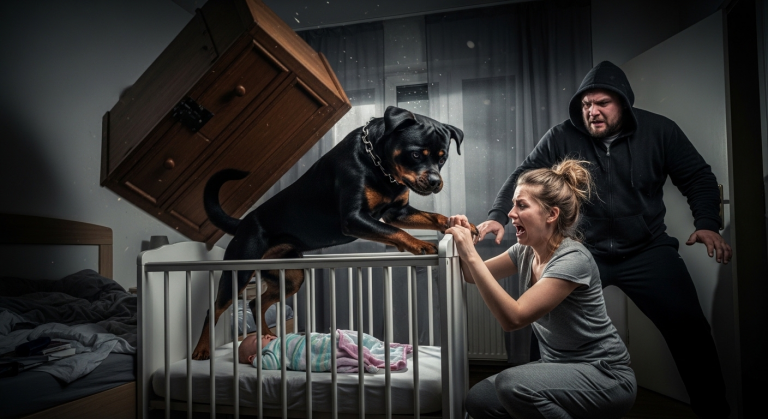 Ich dachte, der rücksichtslose Einbrecher würde mein weinendes Baby töten, als er das massive Bücherregal brutal auf das Kinderbett kippte und mich lachend wegschubste. Ich schrie in tiefster Verzweiflung auf. Bis mein schwerer Rottweiler sich mit seinem ganzen Körper dazwischenwarf und das Holz krachen ließ…
