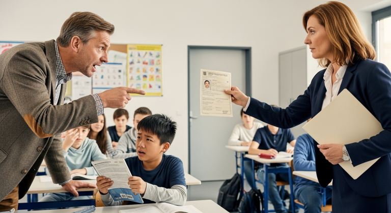 Ich dachte, meine harte Arbeit würde zählen, doch der rassistische Lehrer zerriss meine perfekte Prüfung vor der ganzen Klasse, nannte mich eiskalt einen Ausländer ohne Zukunft und stieß mich grob gegen die Tafel. Tränenüberströmt schloss ich die Augen. Bis sich schlagartig die Tür des Rektorats öffnete…