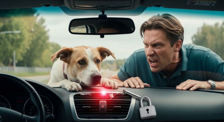 Mit erhobenem Zeigefinger direkt vor der Schnauze des Hundes schrie der Hausherr voller Zorn, während er den Hund bei sengender Hitze im Auto einsperrte. Er beschuldigte das Tier, seine teuren Dokumente zerrissen zu haben, doch dann bemerkte er das rote Leuchten auf dem Armaturenbrett, das der Hund verzweifelt bewachte.