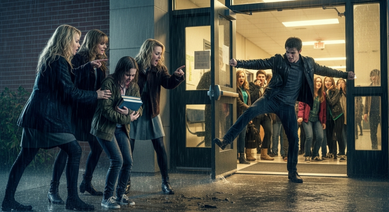 Skrupellose Mean Girls dachten, sie könnten das stille Mädchen im eiskalten Regen brechen und wie Trash behandeln – bis der mysteriöse neue Bad Boy die Tür eintrat und eine schockierende, gnadenlose Rache startete, die die ganze verdammte Schule lahmlegte!