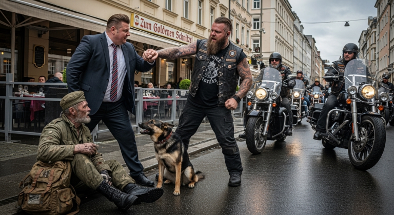 Ein arroganter Restaurantbesitzer zerriss das abgenutzte Hemd eines hungernden Kriegsveteranen, schubste ihn heftig in den Schlamm und spuckte ihn an. Der alte Mann weinte lautlos. Da dröhnten dutzende Harley-Motoren auf. Der muskulöse Biker-Boss stürmte heran, drückte den Besitzer gegen die Wand und legte eine alte Militärmedaille auf den Tisch. Die Identität dieses Bikers verändert alles!