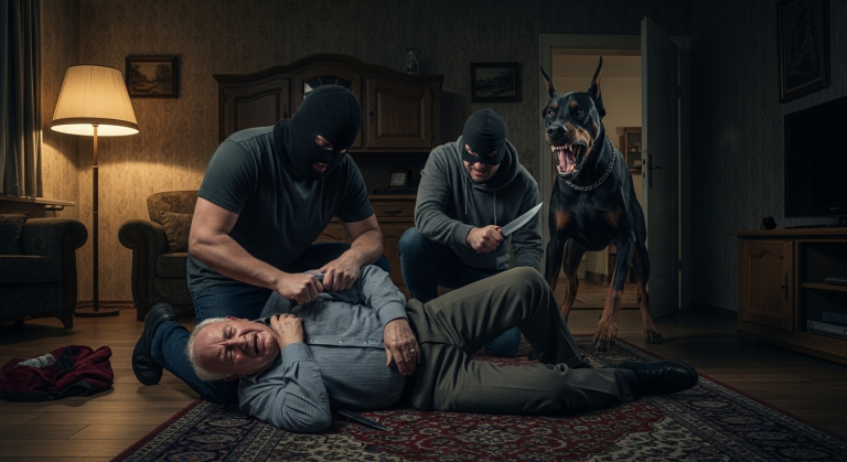 Die skrupellosen Einbrecher stießen den weinenden alten Mann brutal zu Boden und hielten ihm ein Messer an die Kehle. „Gib uns das Geld, Opa!“, schrien sie. Sie hatten jedoch nicht mit seinem riesigen Dobermann gerechnet, der sich geräuschlos aus den Schatten löste. Als der Hund sprang, herrschte pure Panik..