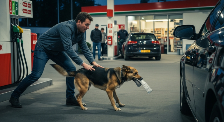 Mit vor Zorn verzerrtem Gesicht stieß der Autofahrer den Hund von der Straße und fuhr davon, ohne zu wissen, dass der Hund etwas unter dem Reifen hervorgezogen hatte. Als er Kilometer später in den Rückspiegel schaute, sah er den Hund immer noch laufen – mit einem Gegenstand, der sein Leben zerstören könnte.