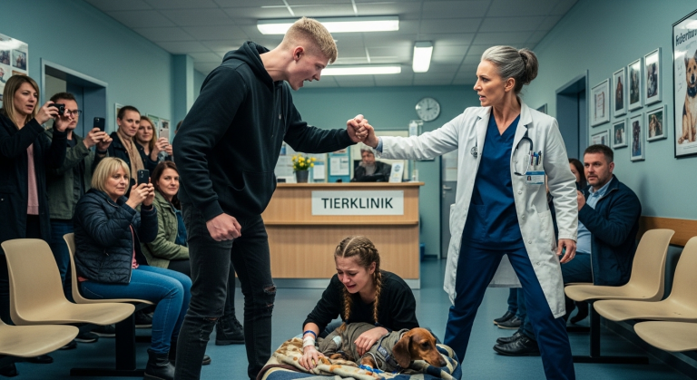 In der Tierklinik trat der Schulschläger den Transportkorb meines kranken Hundes um und beleidigte meine Herkunft lautstark vor allen Leuten. Weinend kniete ich auf dem Boden, um meinen zitternden Welpen zu schützen. Eine herbeieilende, strenge Tierärztin packte den Jungen am Kragen. Ihr nächster Satz veränderte alles…