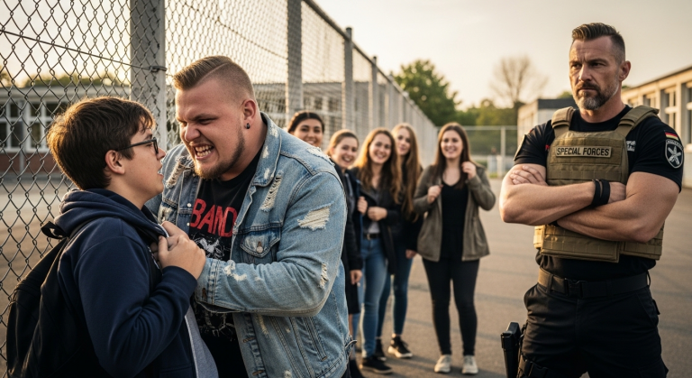 Der Anführer der Schulgang drückte mich gewaltsam gegen den Zaun, spuckte mir ins Gesicht und beleidigte meine ausländischen Wurzeln. Ich fühlte mich machtlos und weinte bitterlich. Er wusste nicht, dass mein Vater als Hauptmann der Spezialeinheiten direkt hinter ihm stand. Die Stimme meines Vaters war erschreckend ruhig…