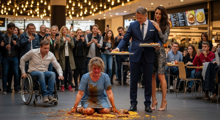 Mitten im vollen Einkaufszentrum stieß mein Mann den Teller mit heißem Essen direkt auf meinen Schoß und küsste seine reiche Geliebte. Ich weinte vor Schmerz und Scham. Niemand half mir, bis ein unscheinbarer Mann im Rollstuhl an unseren Tisch rollte und leise enthüllte…