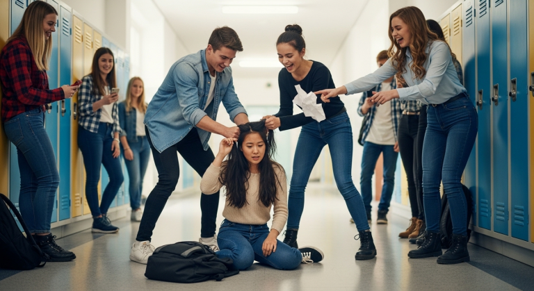 Der Stoff ihres Hemdes riss laut hörbar, als die älteren Mädchen Lin brutal gegen die kalte Schulwand drückten und sie wegen ihrer asiatischen Wurzeln beleidigten. Lins tiefer Schmerz schien niemanden zu kümmern, bis eine Gruppe von Abiturienten einschritt und die Angreiferinnen mit brüllender Stimme zurückdrängte.