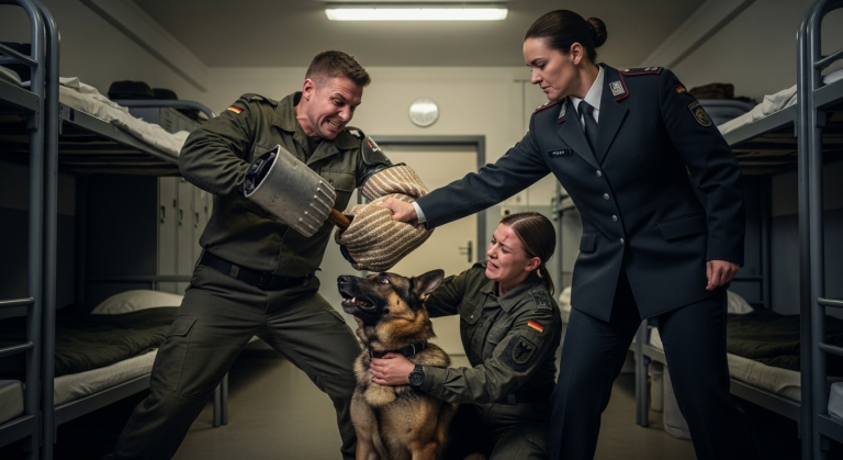 Mit schäumender Wut trat der Kommandant den Käfig auf und zerrte den verängstigten Militärhund an einer Eisenkette heraus. “Dieses Biest wird heute eingeschläfert!”, brüllte er mir direkt ins Gesicht, seine Augen voller Hass. Ich klammerte mich verzweifelt an das weinende Tier. Da ertönte ein lauter Warnschuss über den Hof. Alle drehten sich geschockt um…