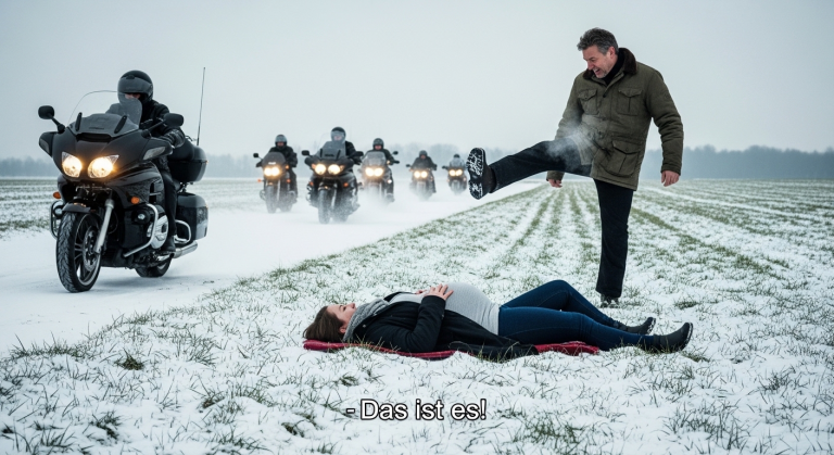 Im eiskalten Schnee stieß der gewalttätige Ex-Freund die schwangere Frau zu Boden und holte mit dem Fuß aus. “Jetzt ist Schluss!”, grollte er. Sie hob schützend die Hände vor ihren Bauch. Plötzlich raste ein schwarzer Motorradkonvoi direkt über den Rasen auf ihn zu…