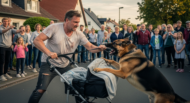 Mein Nachbar schlug wütend mit einem Stock auf meinen Schäferhund ein und schrie, das Tier müsse sterben. Plötzlich riss sich der Hund los und stürzte sich mit gefletschten Zähnen direkt in den Kinderwagen seines Sohnes. Alle erstarrten vor Entsetzen, doch was der Hund unter der Decke des Babys hervorholte, ließ uns das Blut in den Adern gefrieren…