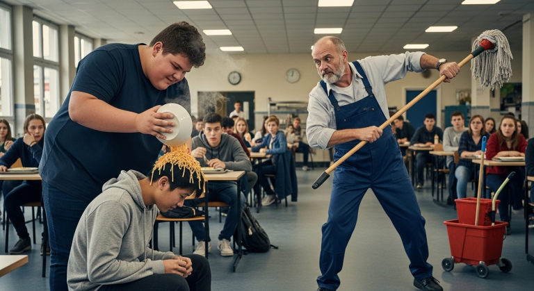 Geh zurück in dein Land!”, spuckte der elitäre Schulschläger und kippte sein kochend heißes Essen über das zitternde, asiatische Mädchen. Sie weinte stumm auf dem harten Kantinenboden, umgeben von lachenden Mitschülern. Plötzlich knallte ein Tablett gegen die Wand und der stumme Hausmeister, ein ehemaliger KSK-Soldat, trat aus dem Schatten…