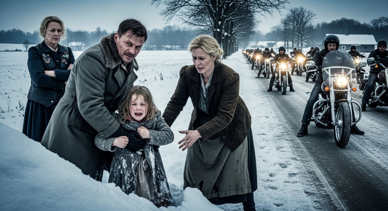 “Wirf die Göre raus, sie nervt!”, kreischte die Geliebte, während mein Mann unsere kleine Tochter in den eiskalten Schnee stieß. Weinend umklammerte das Kind mein zerrissenes Kleid. Er lachte kalt. Doch plötzlich verdunkelten fünfzig ohrenbetäubende Harley-Davidsons die Straße, und der wahre Vater des Mädchens stieg ab…