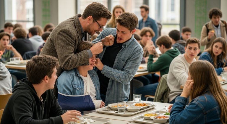 Der arrogante Sohn des Direktors schüttete sein eiskaltes Wasser über den zitternden, mit blauen Flecken übersäten Jungen und trat seinen Stuhl um. Alle lachten, bis der unscheinbare neue Vertretungslehrer ihm den Finger direkt ins Gesicht drückte und leise knurrte. Was der Lehrer dann tat, ließ die ganze Kantine verstummen…