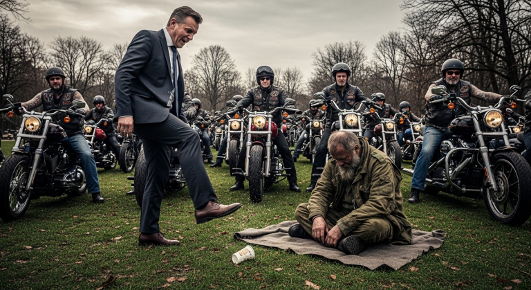 Der rücksichtslose Milliardär trat den Pappbecher des alten, obdachlosen Kriegsveteranen um, spuckte verächtlich auf den nassen Rasen des Stadtparks und lachte ihn aus. Der alte Mann senkte beschämt den Kopf, bis ein ohrenbetäubendes Motorengeheul den Park erschütterte und eine Kolonne furchteinflößender Biker ihn einkreiste…