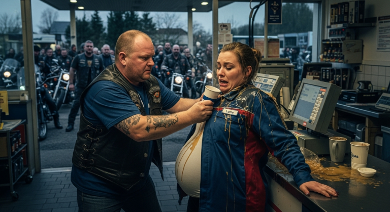 Der wütende Kunde schüttete seinen heißen Kaffee über die hochschwangere Kassiererin der abgelegenen Tankstelle und packte sie gewaltsam am Kragen. Sie schrie panisch auf, als sich plötzlich der Vorplatz mit Dutzenden schwarzen Motorrädern füllte und furchteinflößende Rocker in die Station stürmten…
