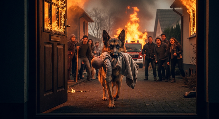 Verreck doch, du verdammtes Biest!“, brüllte der wütende Nachbar und schlug mit einem Stock auf den großen Schäferhund ein. Der blutende Hund wimmerte, doch als plötzlich ein Feuer im Haus des Nachbarn ausbrach, zögerte das Tier keine Sekunde. Er stürmte in die Flammen, um das schlafende Baby des Mannes zu retten. Was dann passierte, brach allen das Herz…