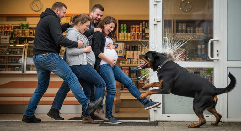 Drei betrunkene Schläger stießen die schwangere Verkäuferin im Imbiss brutal zu Boden und traten lachend nach ihr. Sie hielt sich schützend den Bauch und schrie vor Schmerz. Plötzlich zerschmetterte ein massiver Rottweiler die Glastür. Es war der streunende Hund, den sie immer gefüttert hatte. Mit gefletschten Zähnen stürzte er sich auf die Männer – ein blutiger Kampf begann…
