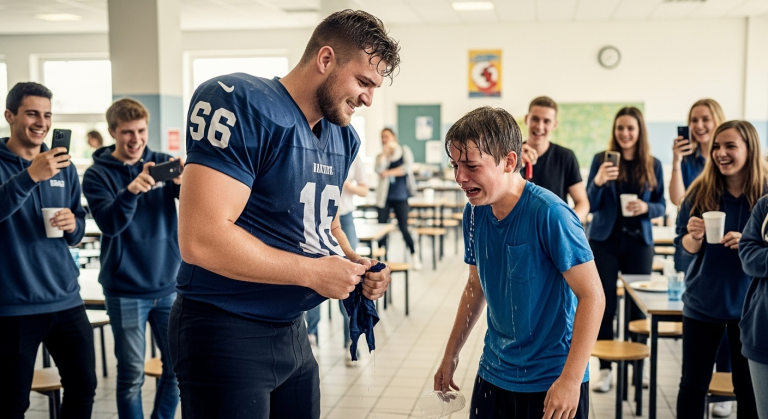 Der arrogante Fußballkapitän riss meinem weinenden Sohn das Hemd auf und schüttete ihm eiskaltes Wasser ins Gesicht, nur weil er „anders“ aussieht. Die ganze Schulcafeteria lachte, bis plötzlich der neue Hausmeister – ein ehemaliger KSK-Elitesoldat – wütend dazwischenging. Was er dann tat, ließ die Halle verstummen…