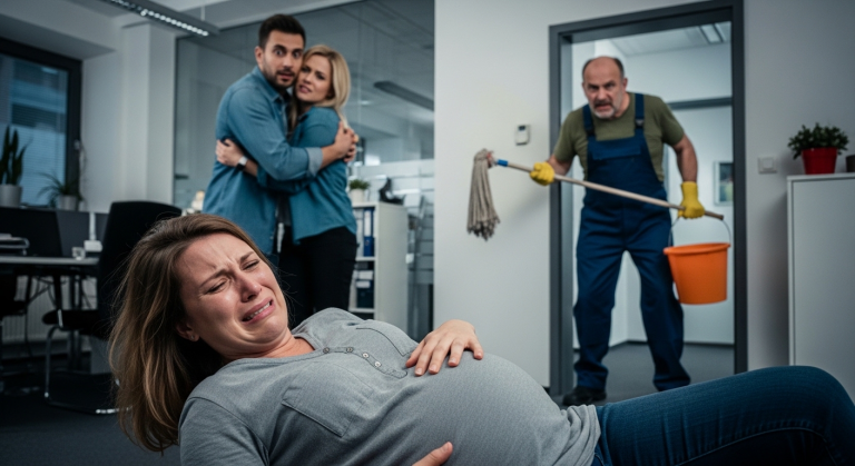 Mit schmerzverzerrtem Gesicht lag ich am Boden, nachdem mein Mann mich brutal weggestoßen hatte, um seine Affäre – meine eigene Kollegin – zu umarmen. Mit Tränen in den Augen hielt ich meinen runden Babybauch. Da stürmte plötzlich ein unbeliebter, mürrischer Hausmeister herein. Sein unglaubliches Geheimnis ließ meinem Mann das Blut in den Adern gefrieren…