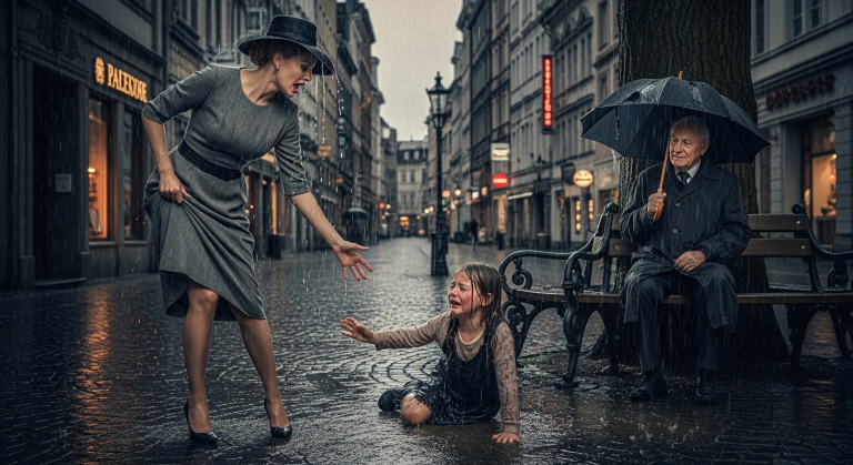 Im strömenden Regen stieß die elegante Dame das obdachlose, weinende Mädchen brutal in die Pfütze. „Fass mich nicht an, du dreckige Göre!“, zischte sie und riss ihr nasses Kleid zurück. Sie bemerkte nicht den unscheinbaren älteren Herrn auf der Bank – den mächtigsten Milliardär der Stadt.