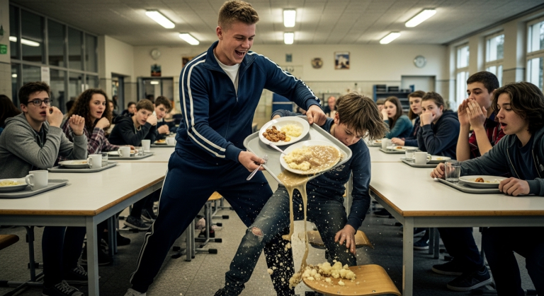 Lachend schlug der Schulschläger das Tablett des armen Schülers aus den Händen, sodass das warme Essen auf dessen zerrissenen Schuhen landete. Er packte ihn am Hals und drückte ihn auf den Tisch. Bis plötzlich eine tiefe, donnernde Stimme durch die stille Kantine hallte.