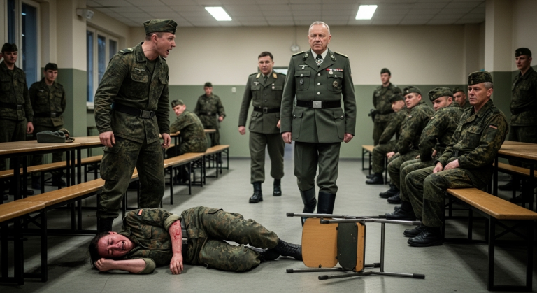 Kochend heiße Suppe brannte auf meiner Haut, als er den Teller absichtlich über mir ausleerte. “Weiber gehören an den Herd, nicht in Flecktarn!” brüllte der Zugführer und trat meinen Stuhl um. Ich lag weinend am Boden der Kantine, bis der ranghöchste General den Raum betrat und eine gespenstische Stille einkehrte. Das Spiel dreht sich.