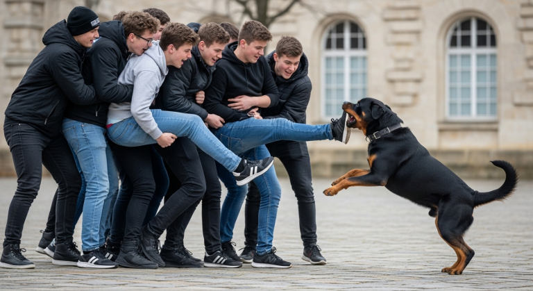 Die Gruppe pöbelnder Jugendlicher riss mich zu Boden, traten nach mir und schrien: “Hoffentlich krepierst du mit deinem aggressiven Köter!” Ich hielt schützend meinen Bauch. Da brach mein Rottweiler sein Halsband und baute sich wie ein brüllender Löwe vor mir auf. Niemand ahnte, dass dieser “aggressive Köter” ihnen kurz darauf das Leben retten würde.