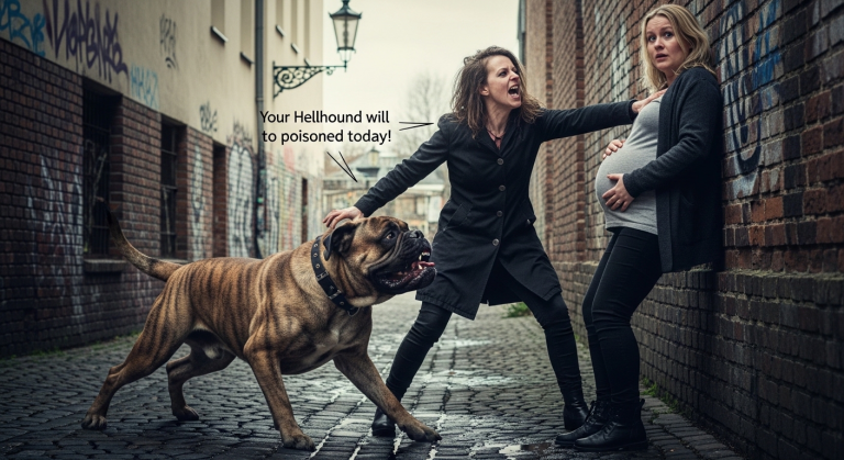 Die wütende Frau stieß die Schwangere hart gegen die Wand und spuckte: “Dein Höllenhund wird heute vergiftet!” Ein gewaltiger Bullmastiff drängte sie knurrend zurück. Die unbegreifliche Wahrheit: Als das Kind der Angreiferin in den Fluss fiel, war dieser Hund der Einzige, der sprang.