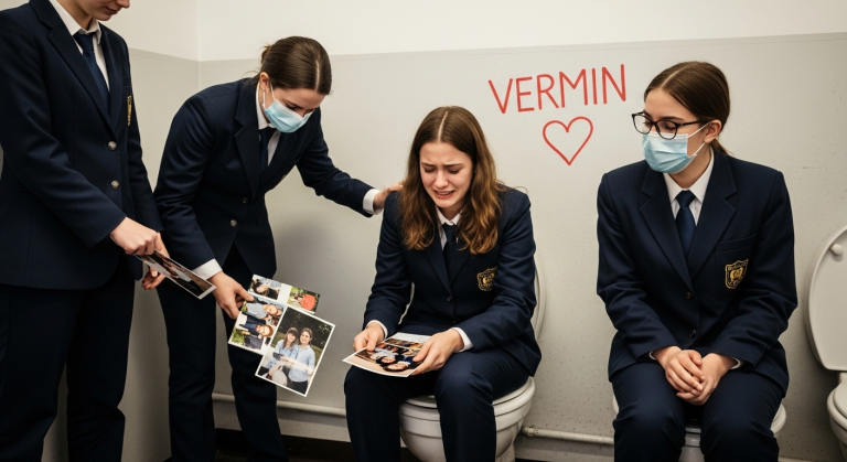 Sie warfen ihre wertvollsten Familienfotos, die sie für ein Projekt mitbrachte, in die dreckige Schultoilette. Tränen überströmten das Gesicht des Mädchens, als sie weggeschubst und als „Ungeziefer“ beschimpft wurde. Ihr Herz schrie vor Schmerz. Doch sie rechneten nicht mit der stillen Schülerin aus der letzten Reihe, die alles mit dem Handy gefilmt hatte.