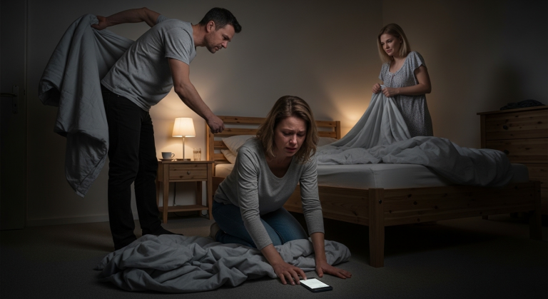 Er warf ihr eine dünne Decke vor die Füße. „Du schläfst heute auf dem Boden, sie braucht das Bett!“, befahl er herzlos. Die Ehefrau starrte fassungslos auf die fremde Frau in ihren Laken. Tränen brannten in ihrer Brust. Sie griff stumm nach ihrem Handy und schickte eine einzige Nachricht, die das Leben ihres Mannes zerstören würde.