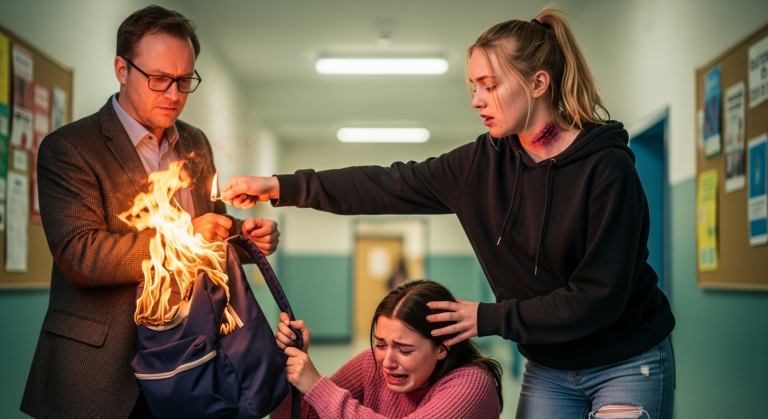 Gnadenlos schnippte die Anführerin ein brennendes Streichholz auf den Rucksack der Mitschülerin. Das Feuer loderte auf, genau wie die frischen blauen Flecken an ihrem Hals pochten. „Du bist Abfall!“, höhnten sie und stießen das weinende Mädchen zu Boden. Doch plötzlich packte der Direktor die Anführerin am Handgelenk und sein Blick versprach das Ende.