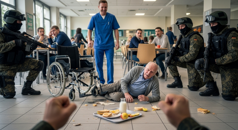 In der überfüllten Krankenhauskantine stieß der arrogante Pfleger den Rollstuhl des alten Alzheimer-Veteranen um. Der alte Mann fiel schmerzhaft zu Boden, sein Essen verteilte sich überall. “Räum das auf, Opa!”, lachte der Pfleger. Ich ballte meine Fäuste, als plötzlich vier schwer bewaffnete Soldaten die Kantine stürmten und auf die Knie fielen…