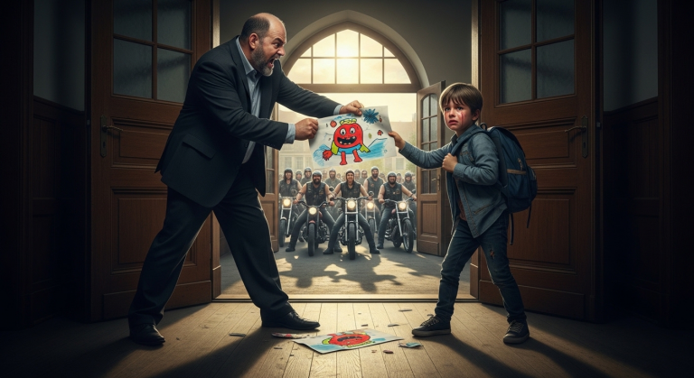 Der brutale Rektor zerriss die Zeichnung des autistischen Jungen und stieß ihn grob in den Schulflur. “Du bist ein Fehler!”, brüllte er. Der Junge weinte bitterlich. Da begann der Boden zu beben, als der ohrenbetäubende Lärm von fünfzig schweren Motorrädern den Schulhof verdunkelte…