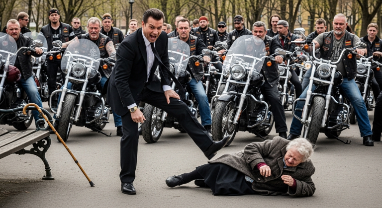 Im Stadtpark trat der arrogante Geschäftsmann den Gehstock der alten, frierenden Witwe weg und lachte laut. Sie fiel schmerzhaft auf den Asphalt. Niemand half. Bis plötzlich zwanzig tätowierte Biker in Lederkutten ihre Maschinen abstellten, eine eiserne Mauer um die Frau bildeten und den Mann fixierten..