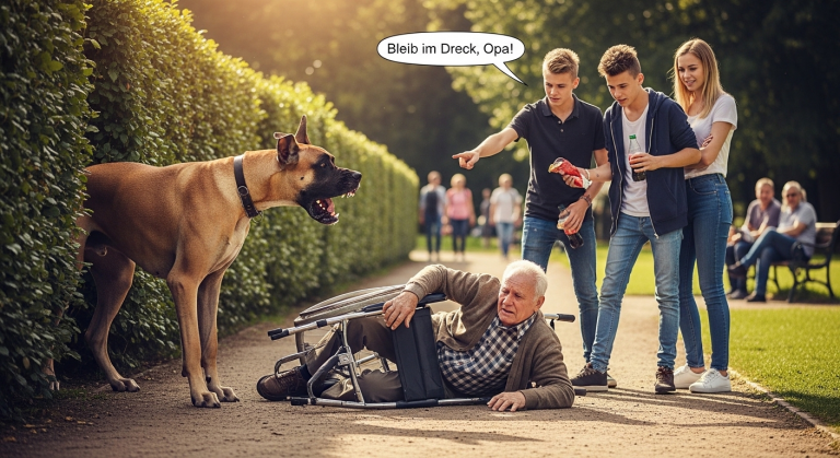 Mitten im Park schubsten rücksichtslose Teenager den Rollstuhl des alten, weinenden Mannes um. “Bleib im Dreck, Opa!”, lachten sie. Niemand griff ein. Bis eine 80 Kilo schwere Deutsche Dogge aus dem Gebüsch sprang, sich schützend vor den zitternden Mann stellte und ohrenbetäubend knurrte…