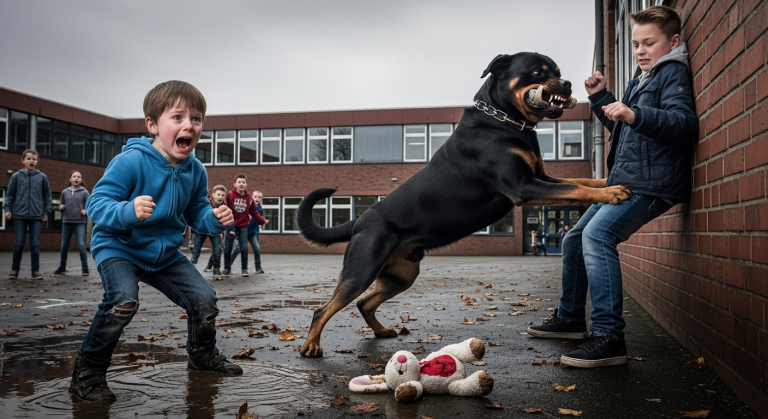 Der Schulschläger zerriss das Kuscheltier des autistischen Jungen und stieß ihn in den Matsch. Der Junge schrie panisch auf. Da durchbrach ein tiefes Grollen den Schulhof. Der pensionierte Polizei-Rottweiler des Jungen rannte los, stellte sich mit gefletschten Zähnen vor das Kind und drängte den Schläger an die Wand…