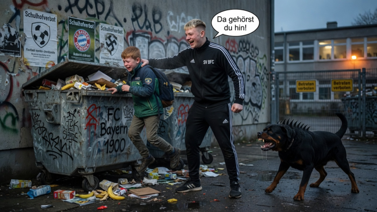 Der riesige Schulschläger packte den weinenden kleinen Jungen mit nur einer Hand am Kragen und warf ihn gnadenlos in den rostigen Müllcontainer. “Da gehörst du hin!”, lachte er grausam. Der Junge schluchzte hilflos im Dreck. Doch plötzlich verstummte das Lachen, als ein 60 Kilo schwerer Rottweiler furchteinflößend knurrend aus dem Schatten trat und seine Zähne fletschte…