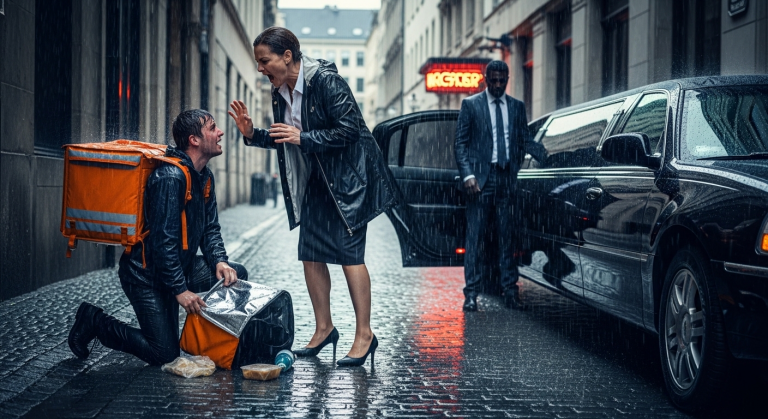 Die arrogante Kundin stieß den weinenden Lieferanten brutal zu Boden, trat seinen Korb weg und zeigte ihm mit zornigem Gesicht direkt vor die Nase. Er lag im eiskalten Regen, bis plötzlich eine dunkle Limousine hielt. Wer stieg aus, um dem hilflosen Jungen eine Lektion in wahrer Moral zu erteilen?